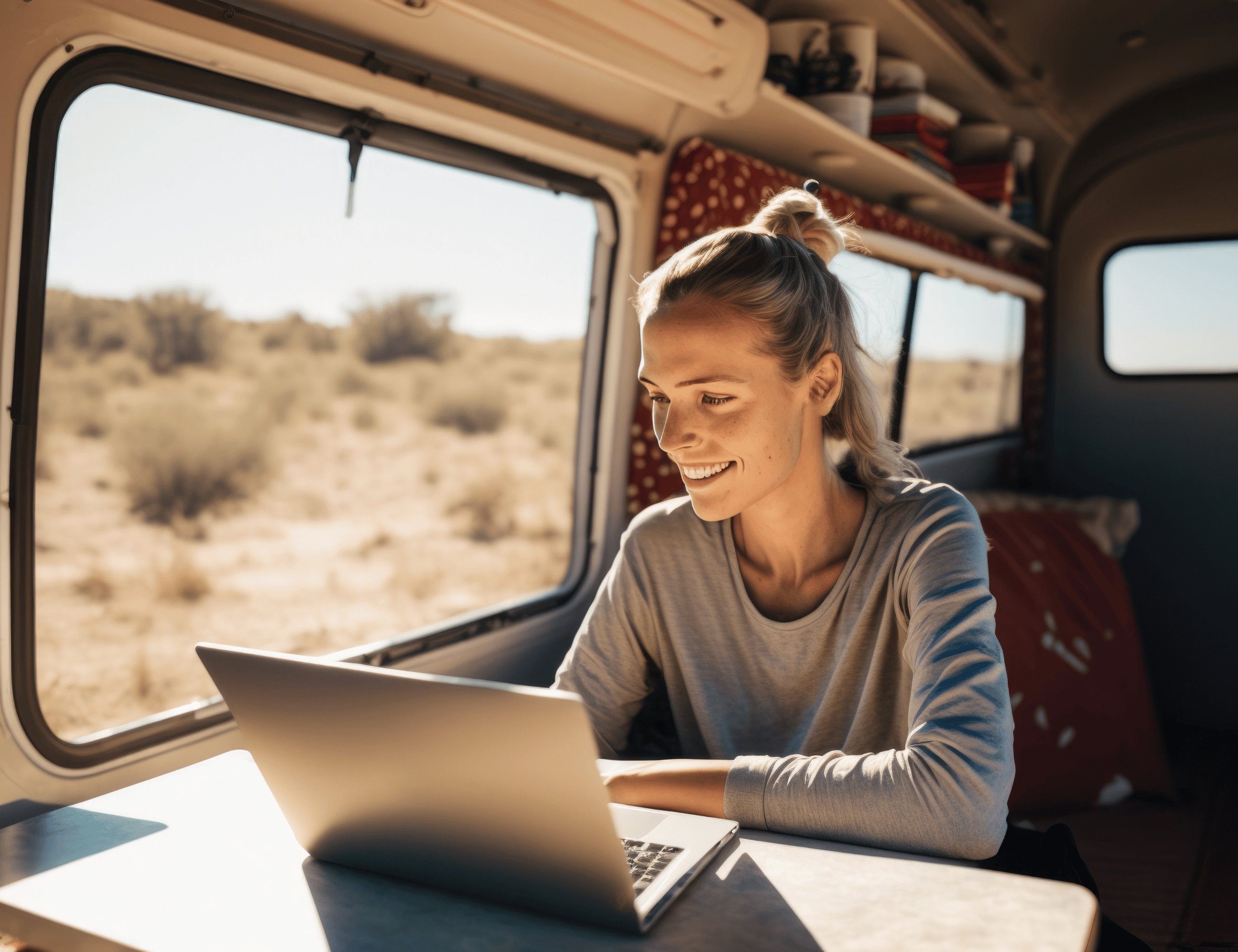 Jeune femme souriante travaillant sur un ordinateur portable à l'intérieur d'un van aménagé, avec une vue sur le désert à travers la fenêtre.