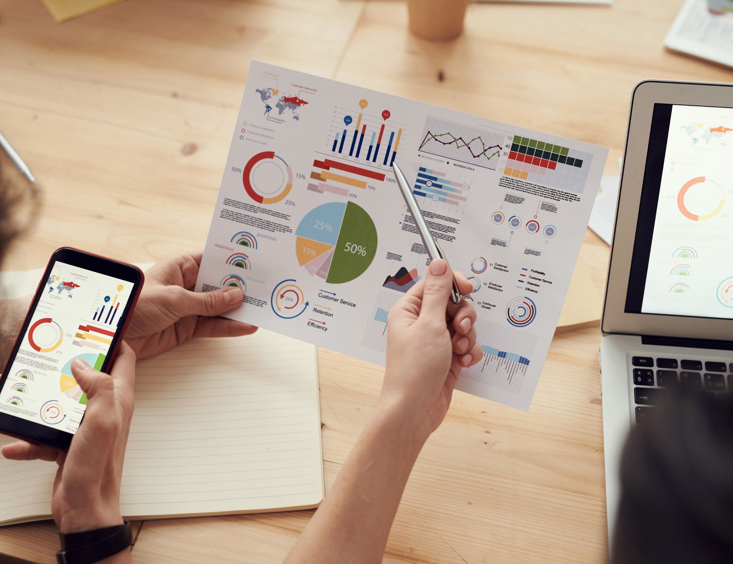 Personnes analysant des rapports de performance avec des graphiques et statistiques sur papier, mobile et ordinateur.